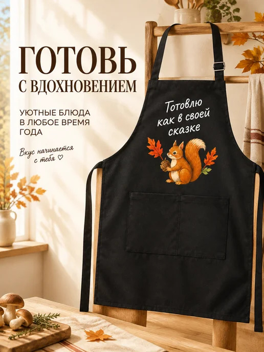 Фартук кухонный с приколом Осень, черный