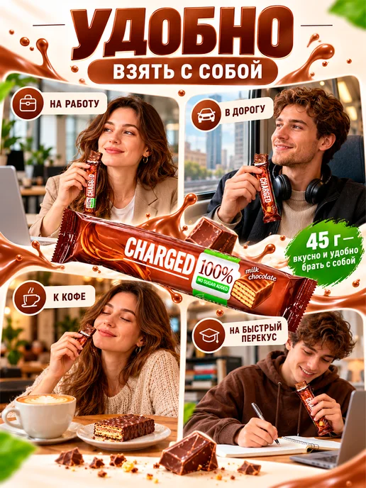 Победа Вкуса Шоколадный батончик без сахара с вафлей CHARGED, 3шт по 45гр, 5 шт, 45 г, фото 6