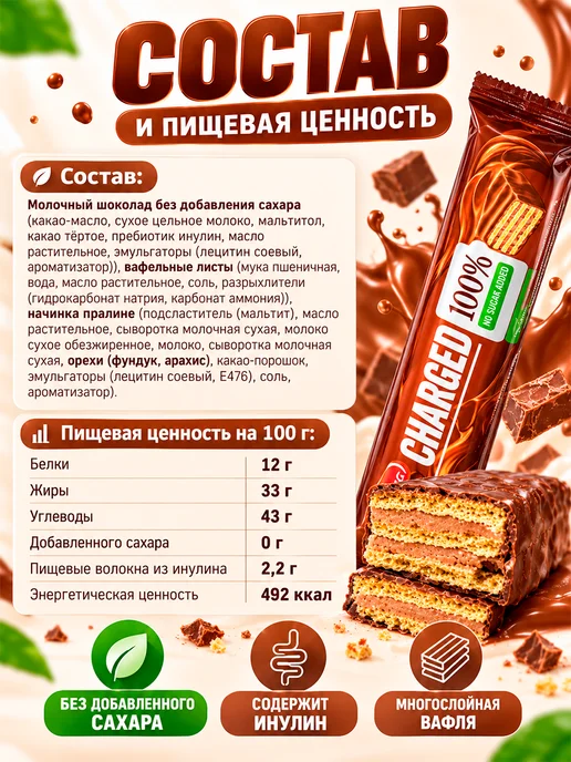Победа Вкуса Шоколадный батончик без сахара с вафлей CHARGED, 3шт по 45гр, 5 шт, 45 г, фото 7