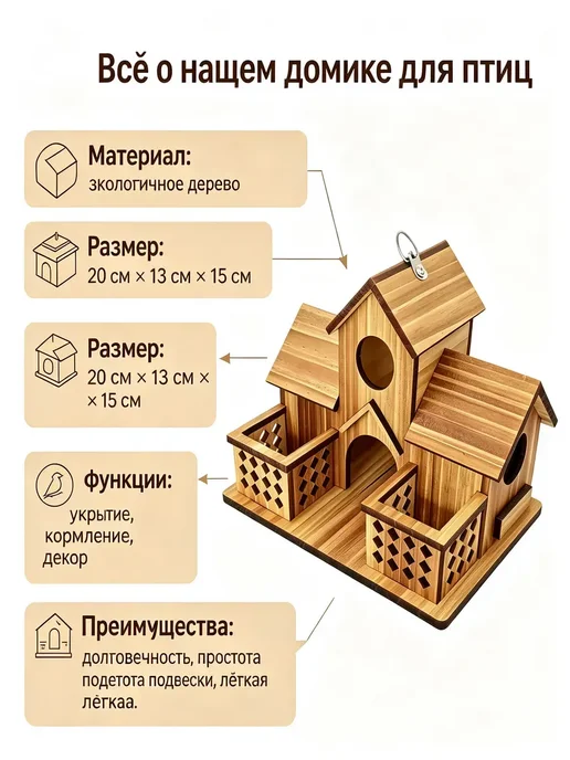 Кормушка-домик для птиц деревянная, вариант, фото 3