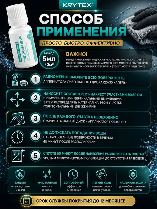 Гидрофобное покрытие для стекол и зеркал 10 мл, 10 мл, фото 5