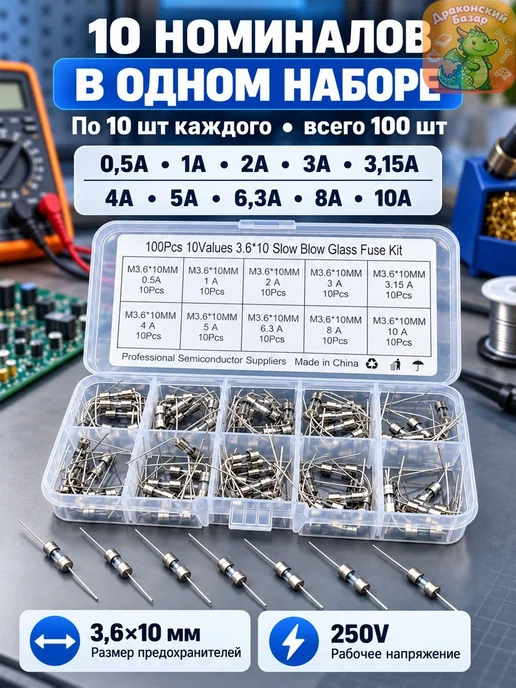 Набор стеклянных предохранителей 3.6x10 мм 100 шт, 10 номина, 3.6x10 мм, 100 шт, фото 2