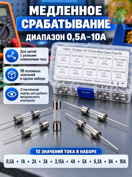 Набор стеклянных предохранителей 3.6x10 мм 100 шт, 10 номина, 3.6x10 мм, 100 шт, фото 6