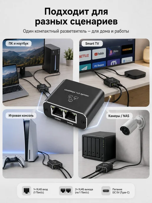 Ethernet сплиттер 1x2 RJ45 для LAN для интернета, 1x2, фото 3