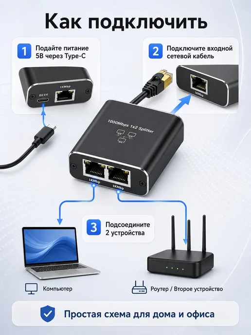 Ethernet сплиттер 1x2 RJ45 для LAN для интернета, 1x2, фото 6