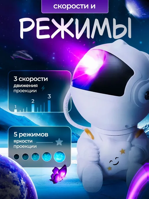 Ночник звездное небо, светильник космонавт, проектор звездно, черный, фото 3