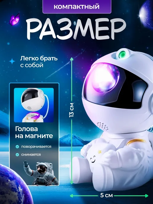 Ночник звездное небо, светильник космонавт, проектор звездно, черный, фото 4
