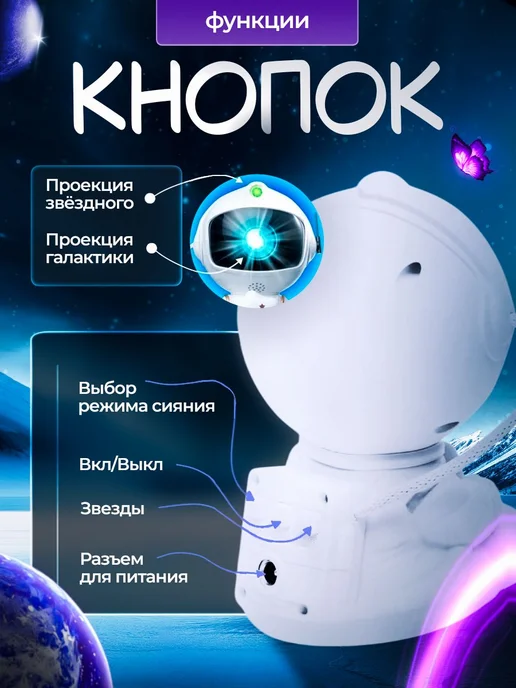 Ночник звездное небо, светильник космонавт, проектор звездно, черный, фото 5