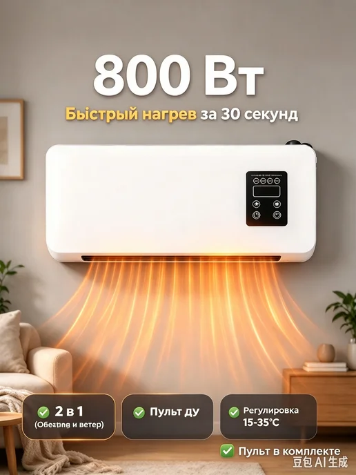 Настенный обогреватель 800Вт для ванной с пультом, 800 Вт