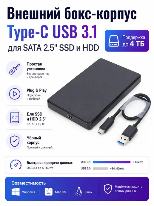 Внешний корпус для SSD, жесткого диска 2.5 TYPE C, кабель в, вариант