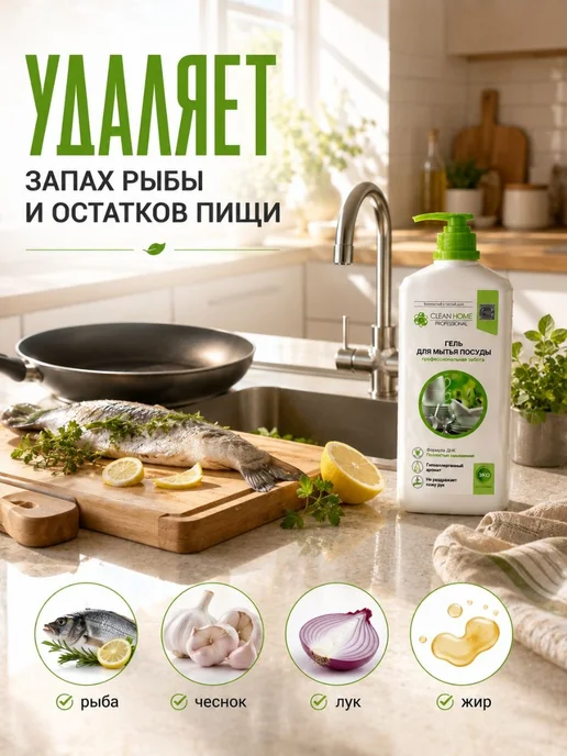 Средство для мытья посуды гель CLEAN HOME 1л с дозатором, 1 л, фото 2
