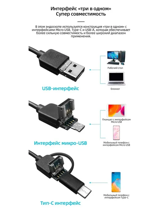USB эндоскоп KERUI 3-в-1, гибкий кабель 2 м, камера 7 мм, 2 м, фото 3