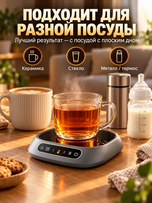 Подогреватель кружки для кофе и чая на рабочий стол, черный, фото 3