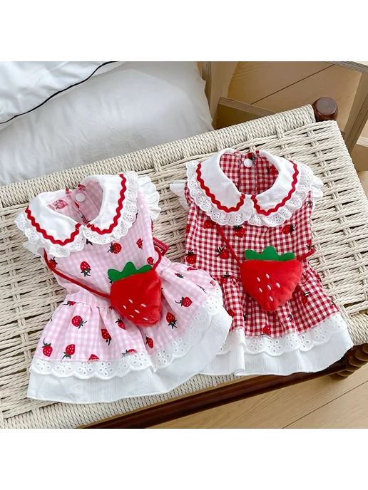 Elfidog Клубничное платье для собак из хлопка, красный, фото 2