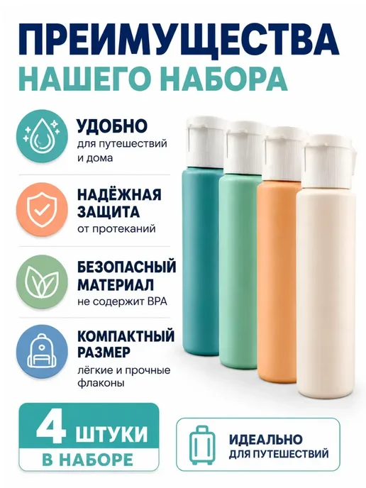MDMDE 2 Набор дорожных дозаторов для косметики 4 шт по 80 мл, 4 шт, 80 мл, фото 2