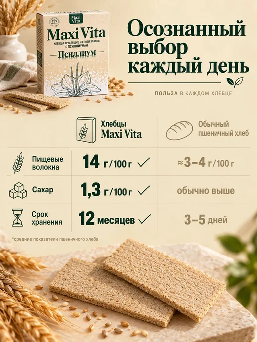 Хлебцы из 5 злаков с псиллиумом 600 г цельнозерновые, без с, 600 г, фото 6