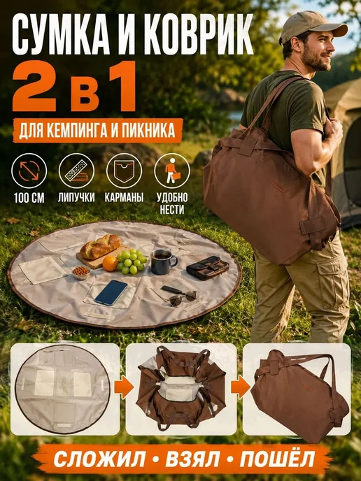 Сумка-трансформер для пикника, коврик и дорожная сумка, коричневый, фото 2