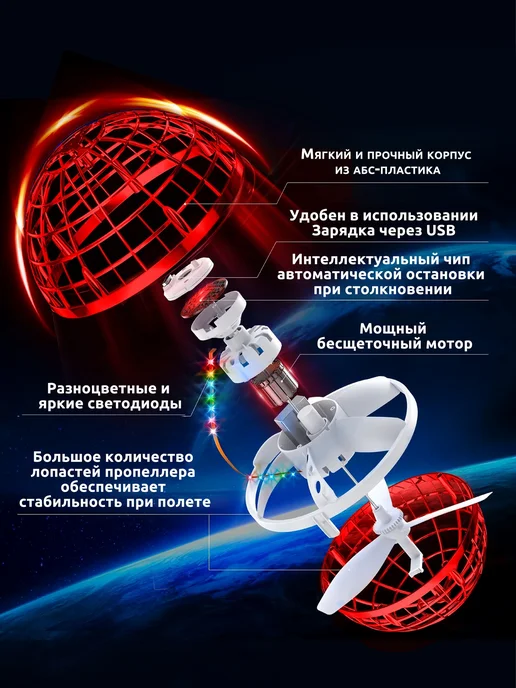 Летающий светящийся шар для детей,летающий шар,уличные для и, красный, фото 3