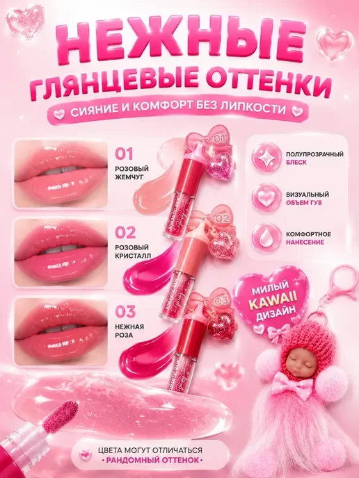 Улика2 О Набор блесков для губ с брелоком увлажняющий сияющий эффек…, розовый, фото 2