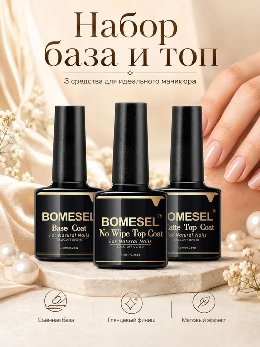 Набор база и топ для гель лака, каучуковая база, глянцевый, вариант