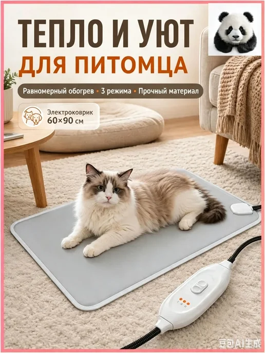 Теплый коврик для питомца с подогревом 60x90 см, 60x90 см
