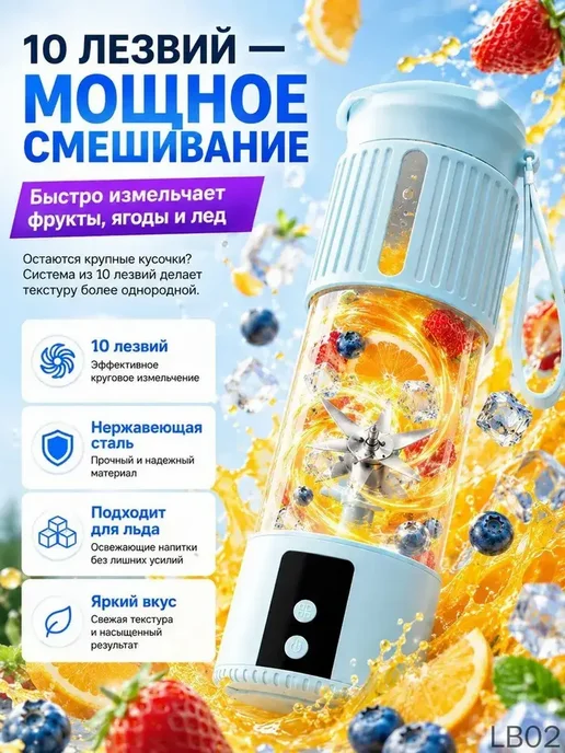 Портативный беспроводной блендер 7.4V синий, синий, фото 2