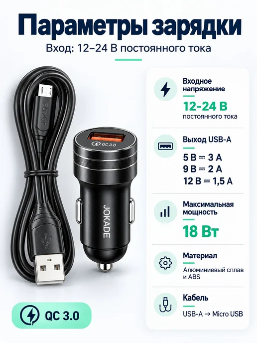 Автомобильное зарядное устройство QC3.0, 18W, USB-A, Micro, 18 Вт, фото 2