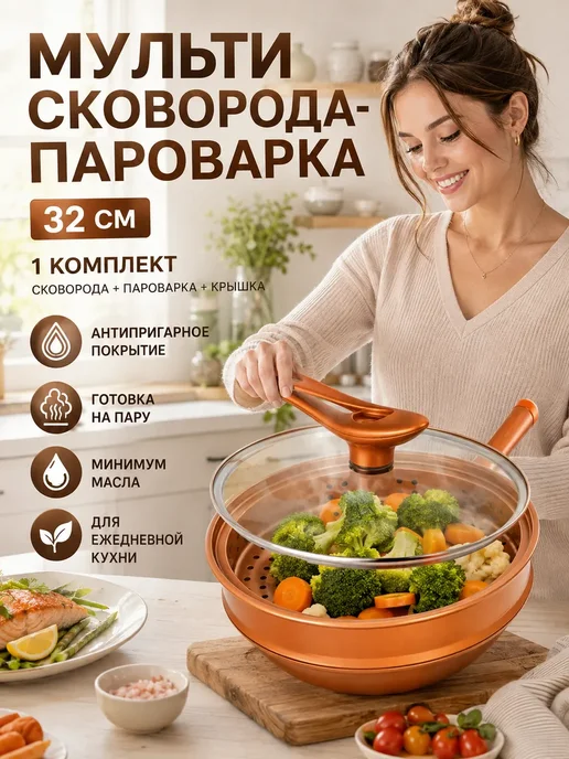сковорода пароварка с крышкой от leomax, коричневый