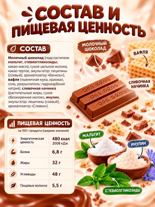 Победа Вкуса Dos Bros молочный шоколад без сахара с вафлей, 150 гр, 20 шт, 37 г, фото 6