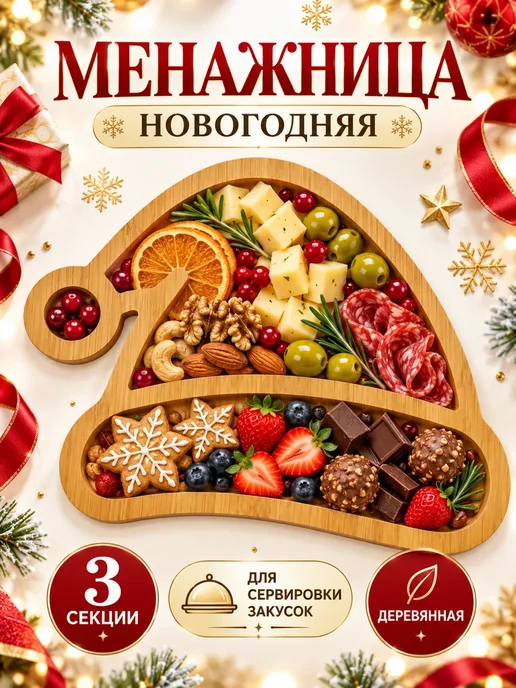 ЛИ56 Менажница новогодняя Шапка для закусок 3 секции, бежевый, фото 2