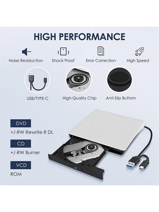 Внешний CD DVD-RW-привод USB 3.0 USB-C, белый, белый, фото 3