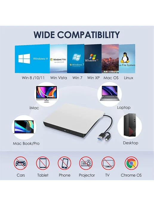 Внешний CD DVD-RW-привод USB 3.0 USB-C, белый, белый, фото 5