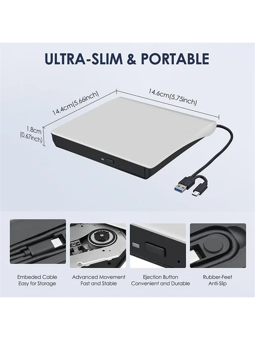 Внешний CD DVD-RW-привод USB 3.0 USB-C, белый, белый, фото 8