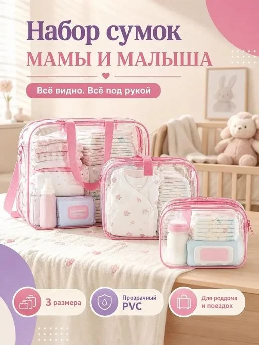 Готовая сумка в роддом для мамы и малыша, прозрачный набор, прозрачный, фото 3