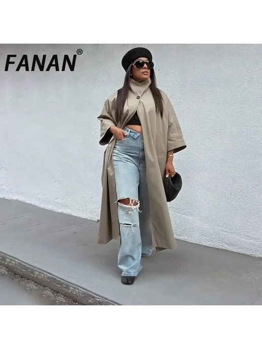 Пальто-накидка FANAN с высоким воротником, свободного кроя, бежевый, фото 2
