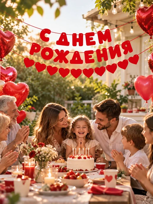 Растяжка из фетра "С ДНЕМ РОЖДЕНИЯ" красные буквы и сердца, красный, фото 7