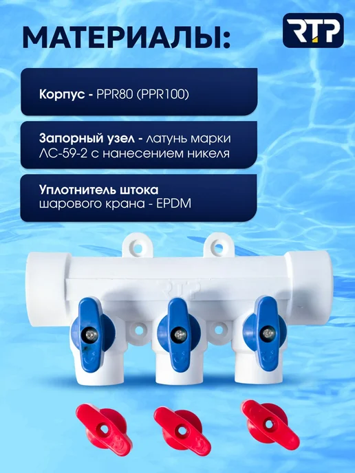 Коллектор полипропилен PPR 3 выхода краны шаровые, вариант, фото 2
