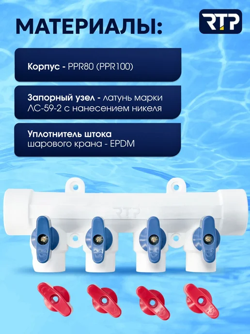 Коллектор полипропиленовый PPR с кранами четыре выхода, вариант, фото 2