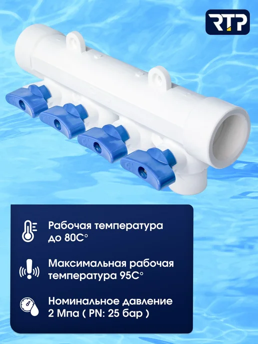 Коллектор полипропиленовый PPR с кранами четыре выхода, вариант, фото 3
