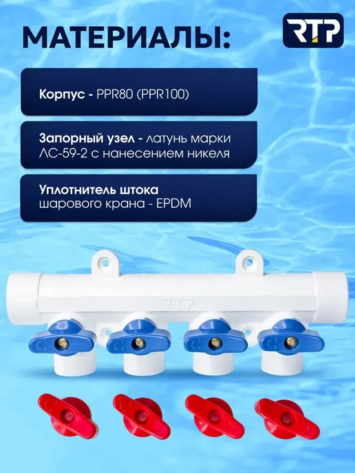 Коллектор PPR с шаровыми кранами RTP 25x20 мм, 4 выхода, 25x20 мм, фото 2