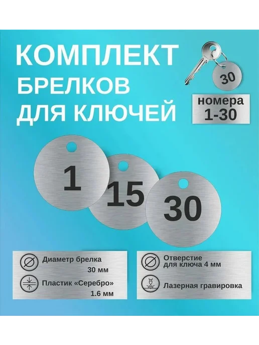Номерки на ключи, пластик, серебристый, 30 шт, 30 шт, фото 2