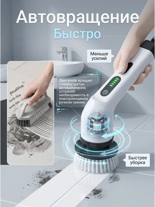 без бренда Беспроводная щетка для уборки с телескопической ручкой, белый, фото 3