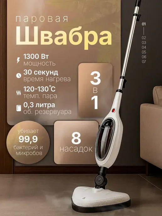 Паровая швабра с пароочистителем и отпаривателем, белый