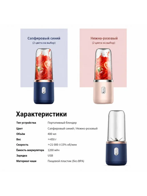 Портативный блендер 784312596215, синий, синий, фото 4