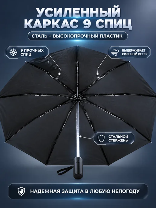 Зонт автомат 23 дюйма 9 спиц понж антиветер, черный, фото 2