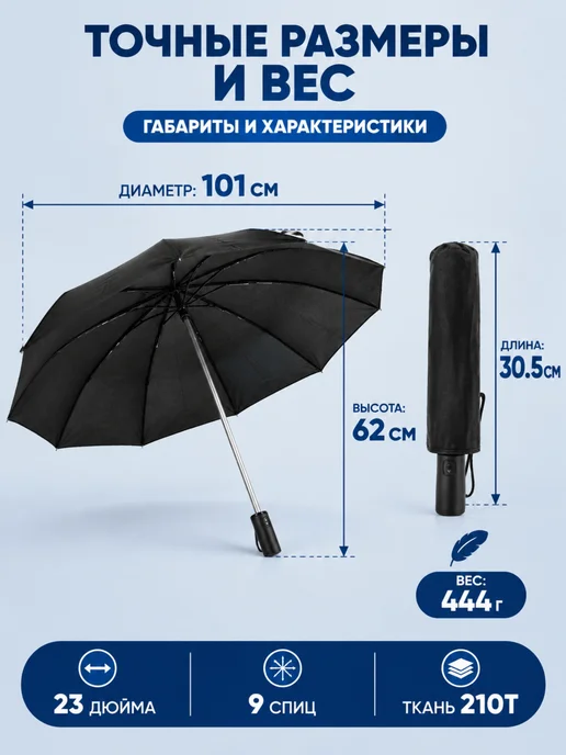 Зонт автомат 23 дюйма 9 спиц понж антиветер, черный, фото 7
