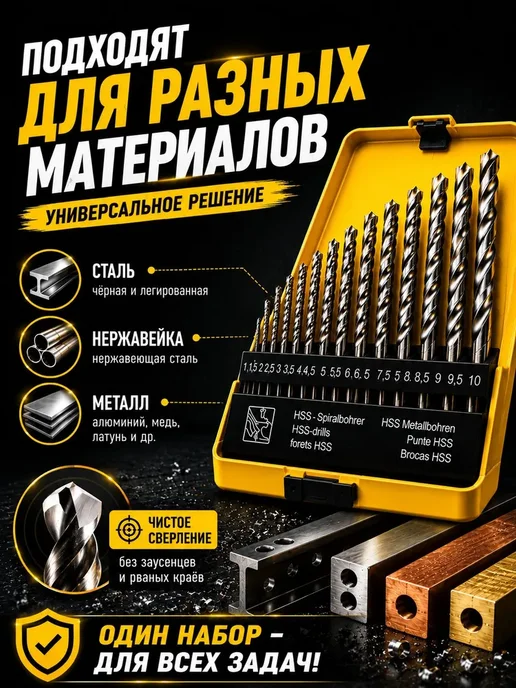 Набор сверл по металлу HSS 19 шт 1-10 мм в кейсе, 19 шт, фото 3