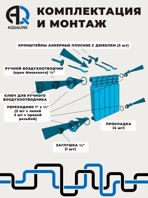 Комплект монтажа радиатора 1 2 дюйма 13 предметов, вариант, фото 4