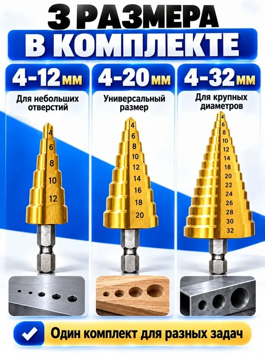 Набор ступенчатых сверл по металлу 3 шт, 4-12, 4-20, 4-32, 3 шт, фото 3