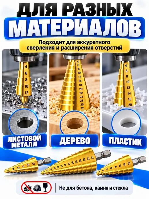 Набор ступенчатых сверл по металлу 3 шт, 4-12, 4-20, 4-32, 3 шт, фото 4